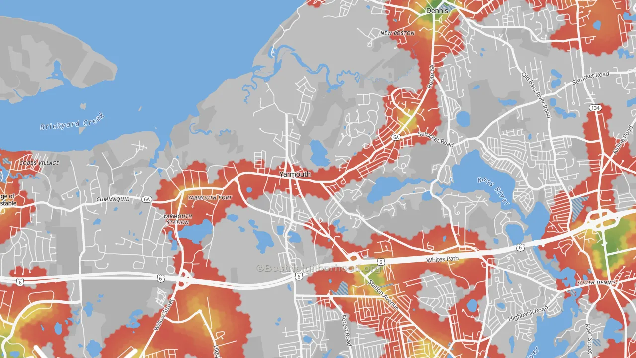 Walk Grade map of 02675, MA, walkable areas in green and car-dependent areas in red
