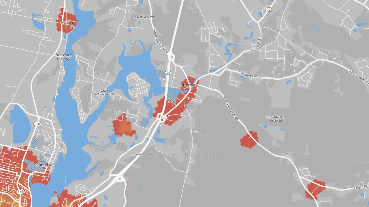 Walk Grade map of 02702, MA, walkable areas in green and car-dependent areas in red
