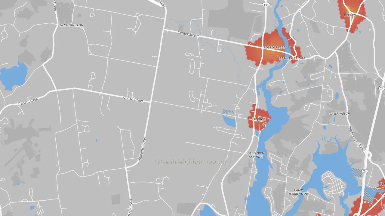 Walk Grade map of 02715, MA, walkable areas in green and car-dependent areas in red