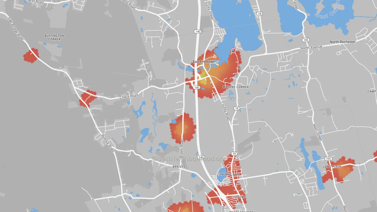 Walk Grade map of 02717, MA, walkable areas in green and car-dependent areas in red