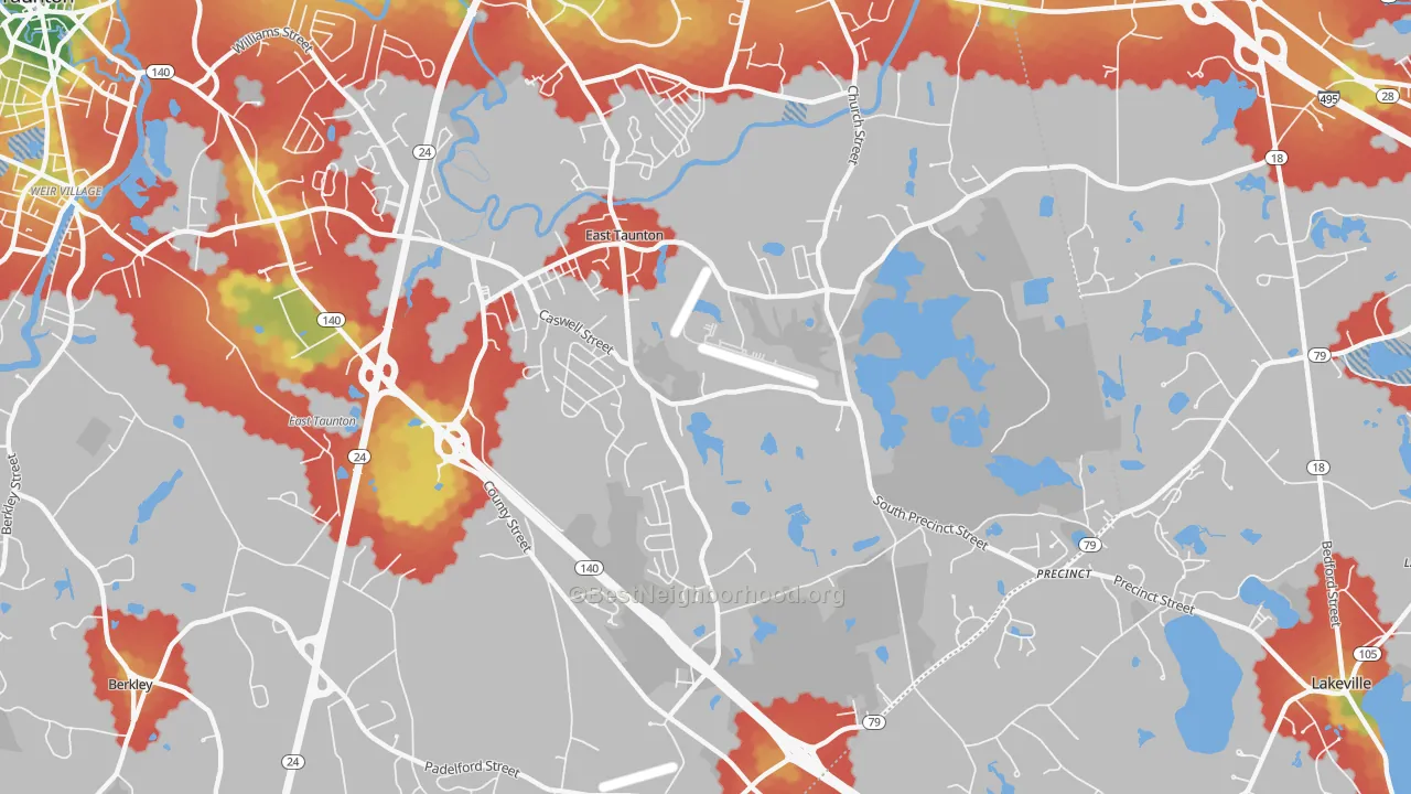 Walk Grade map of 02718, MA, walkable areas in green and car-dependent areas in red
