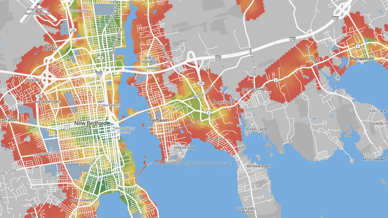 Walk Grade map of 02719, MA, walkable areas in green and car-dependent areas in red