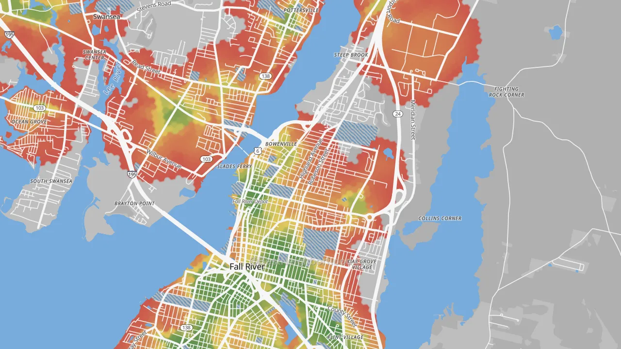 Walk Grade map of 02720, MA, walkable areas in green and car-dependent areas in red