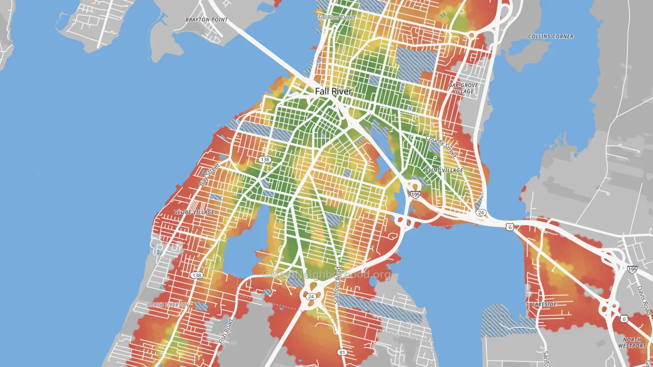 Walk Grade map of 02721, MA, walkable areas in green and car-dependent areas in red