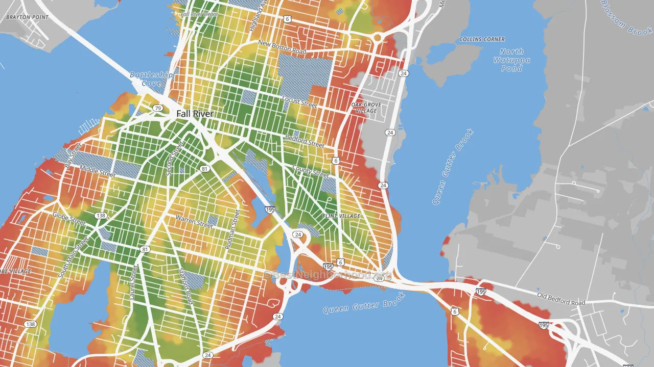 Walk Grade map of 02723, MA, walkable areas in green and car-dependent areas in red