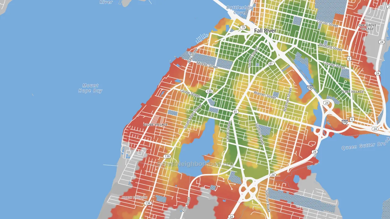 Walk Grade map of 02724, MA, walkable areas in green and car-dependent areas in red