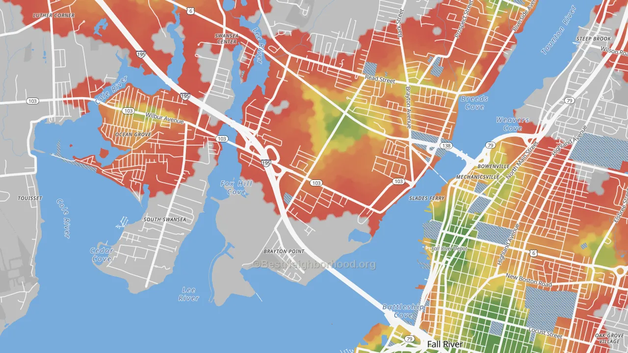 Walk Grade map of 02725, MA, walkable areas in green and car-dependent areas in red
