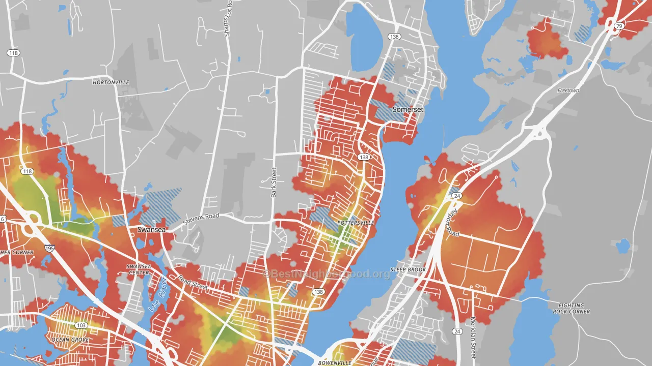 Walk Grade map of 02726, MA, walkable areas in green and car-dependent areas in red