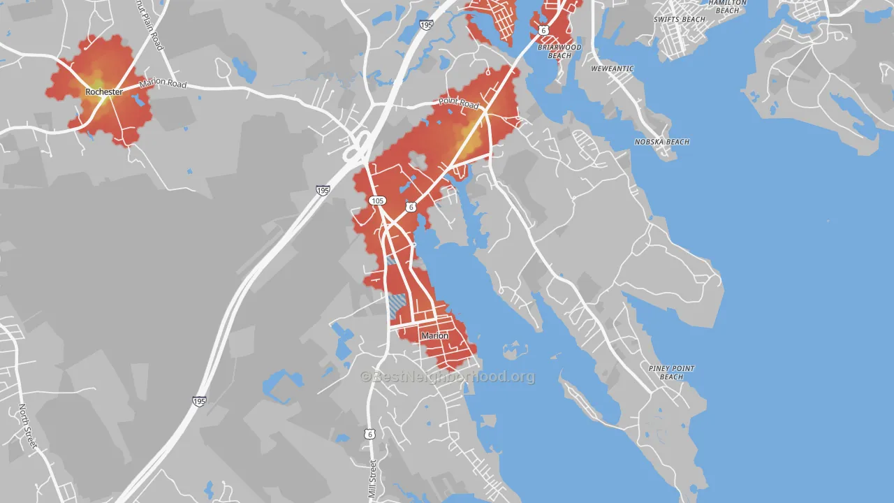 Walk Grade map of 02738, MA, walkable areas in green and car-dependent areas in red