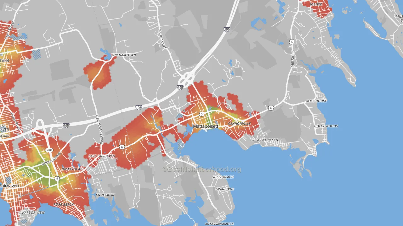 Walk Grade map of 02739, MA, walkable areas in green and car-dependent areas in red