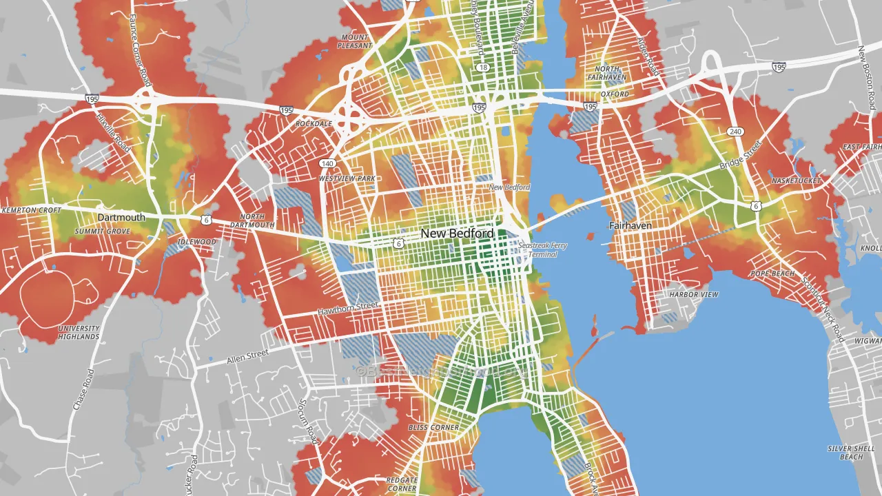 Walk Grade map of 02740, MA, walkable areas in green and car-dependent areas in red
