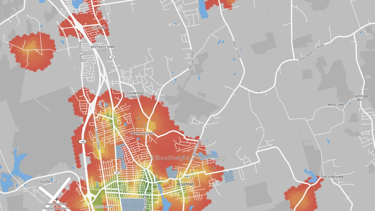 Walk Grade map of 02743, MA, walkable areas in green and car-dependent areas in red