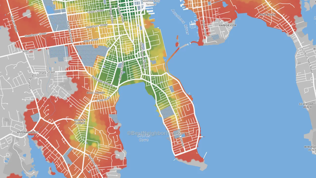 Walk Grade map of 02744, MA, walkable areas in green and car-dependent areas in red