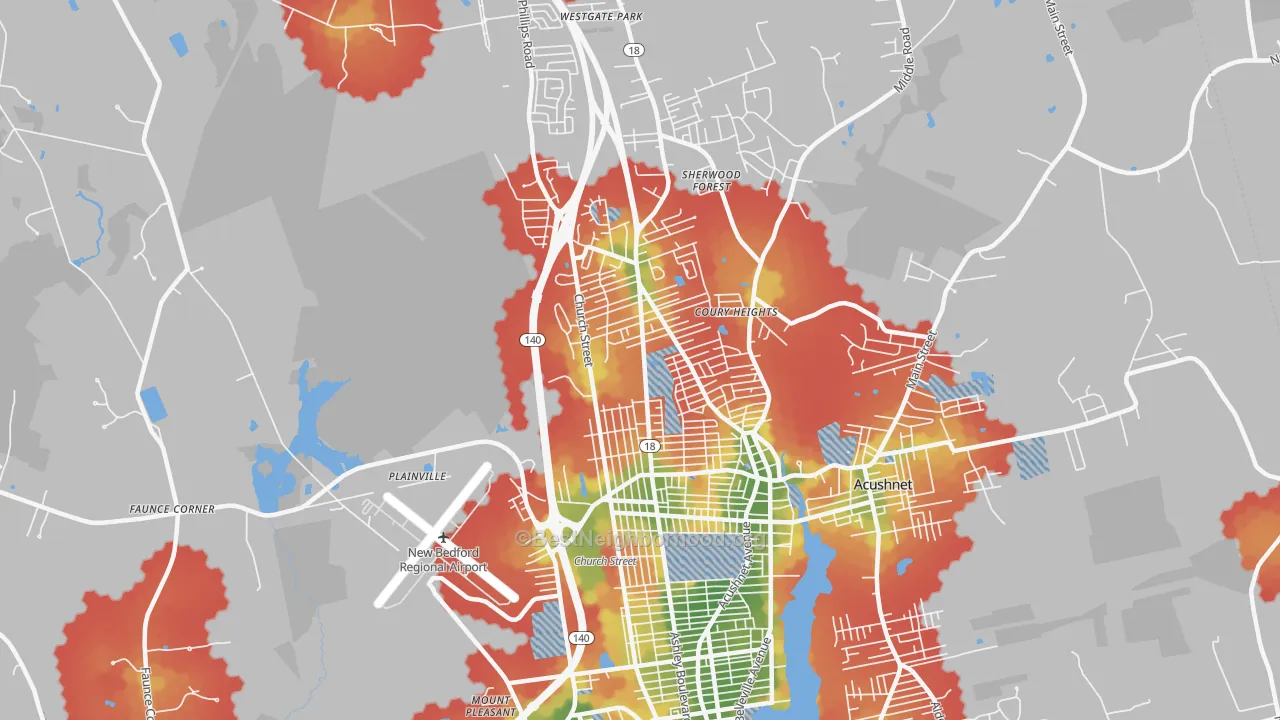 Walk Grade map of 02745, MA, walkable areas in green and car-dependent areas in red
