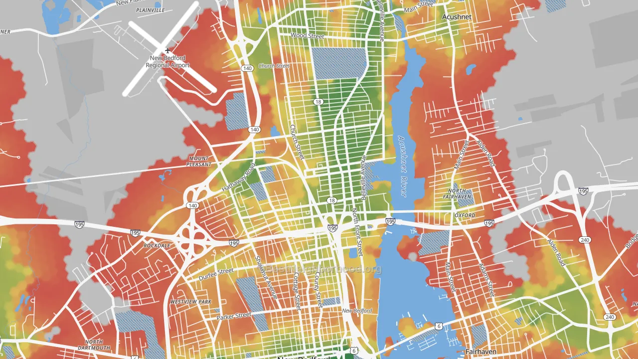 Walk Grade map of 02746, MA, walkable areas in green and car-dependent areas in red