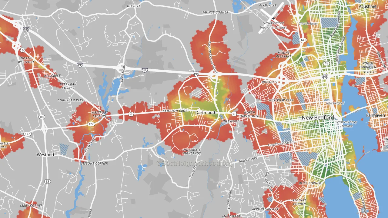 Walk Grade map of 02747, MA, walkable areas in green and car-dependent areas in red