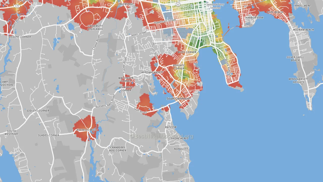 Walk Grade map of 02748, MA, walkable areas in green and car-dependent areas in red