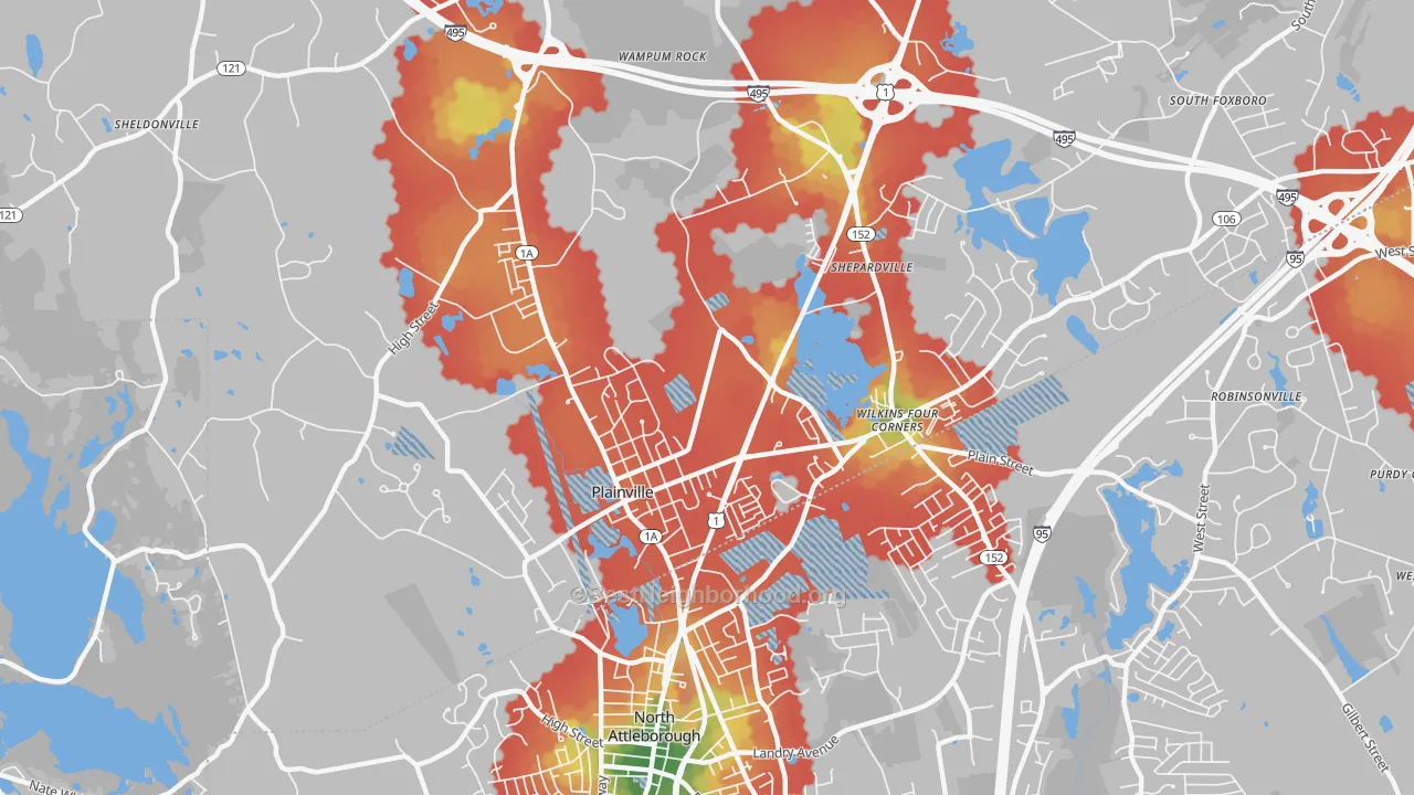 Walk Grade map of 02762, MA, walkable areas in green and car-dependent areas in red