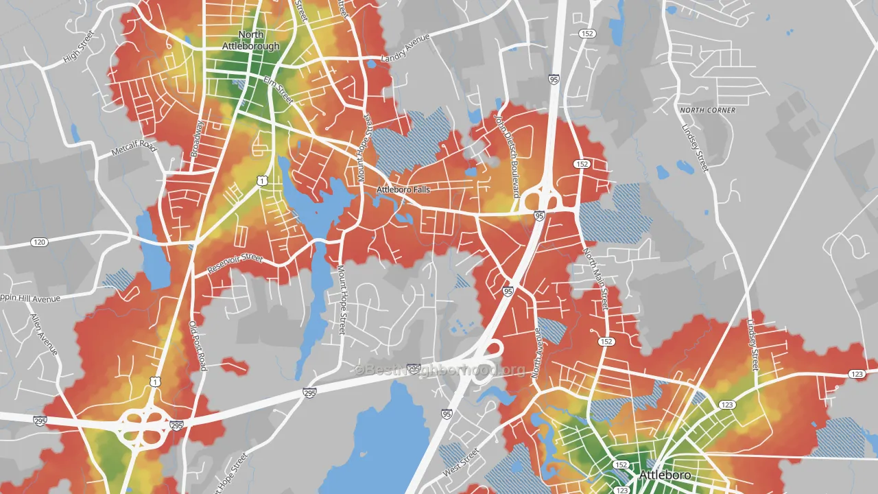 Walk Grade map of 02763, MA, walkable areas in green and car-dependent areas in red