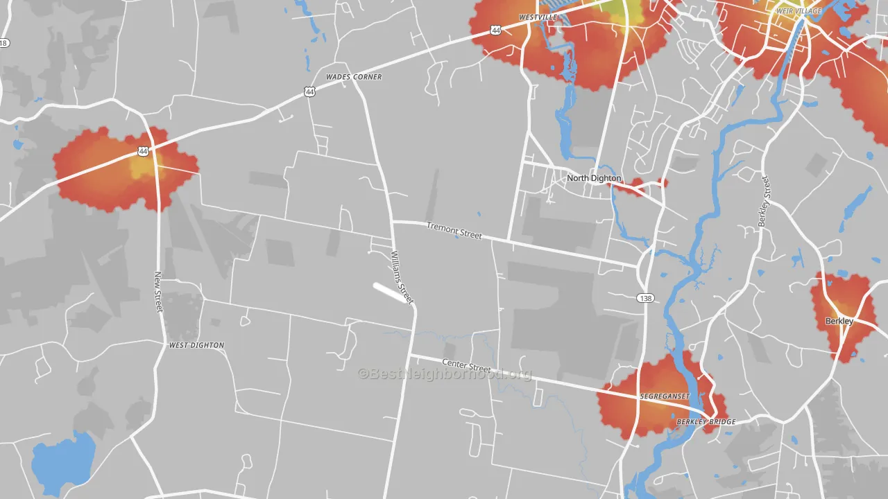 Walk Grade map of 02764, MA, walkable areas in green and car-dependent areas in red