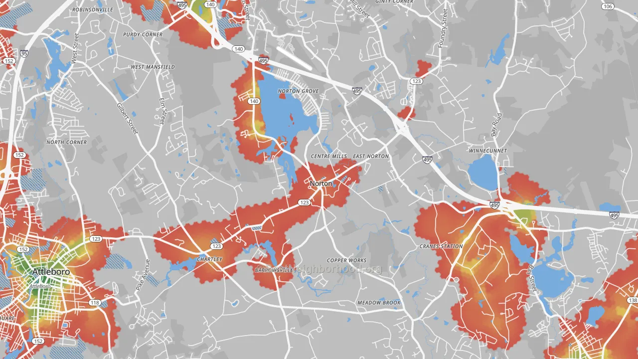 Walk Grade map of 02766, MA, walkable areas in green and car-dependent areas in red