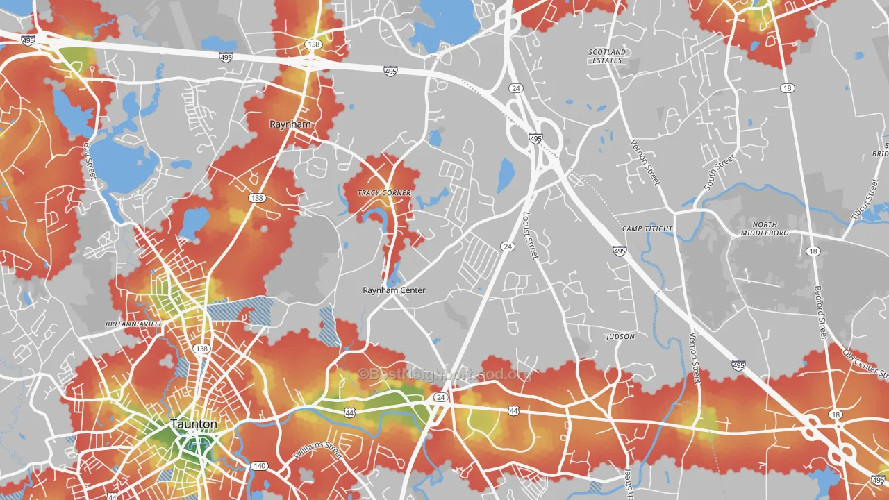 Walk Grade map of 02767, MA, walkable areas in green and car-dependent areas in red