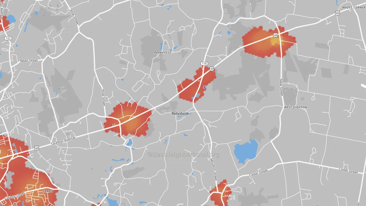 Walk Grade map of 02769, MA, walkable areas in green and car-dependent areas in red