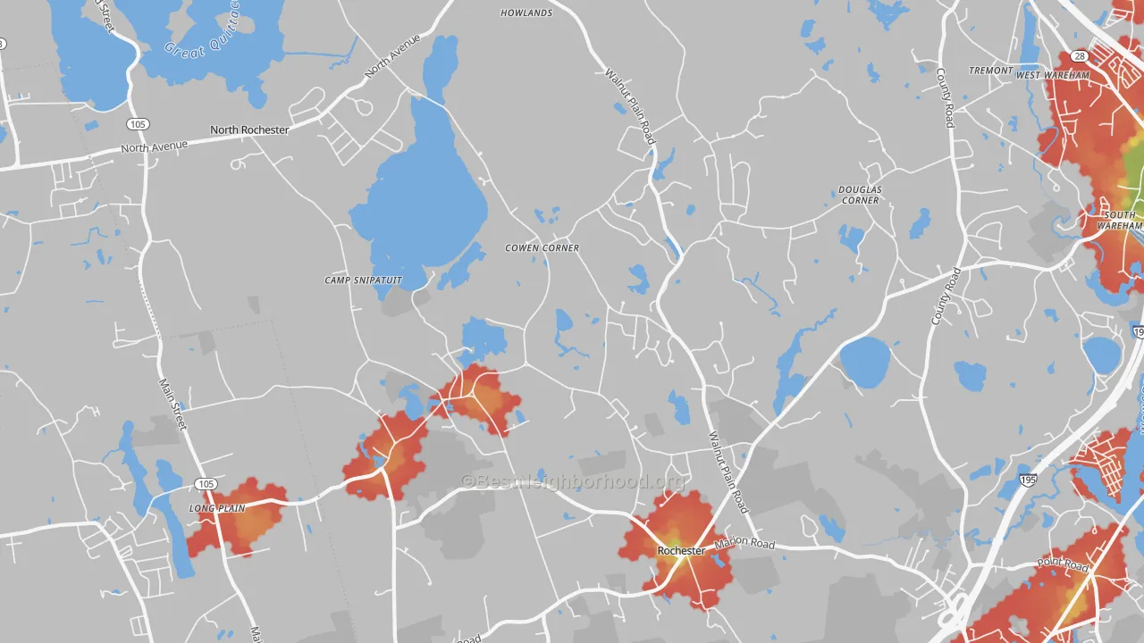 Walk Grade map of 02770, MA, walkable areas in green and car-dependent areas in red