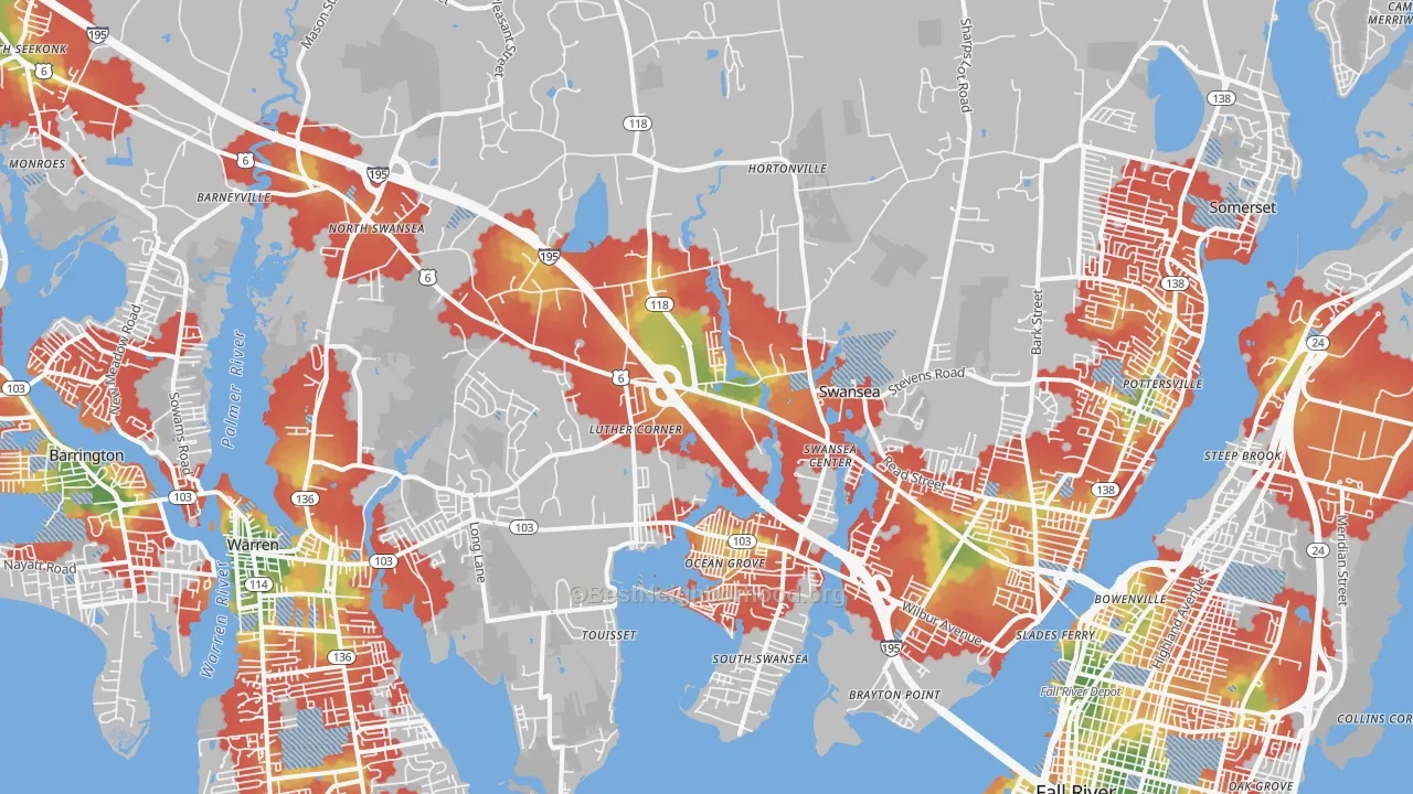 Walk Grade map of 02777, MA, walkable areas in green and car-dependent areas in red