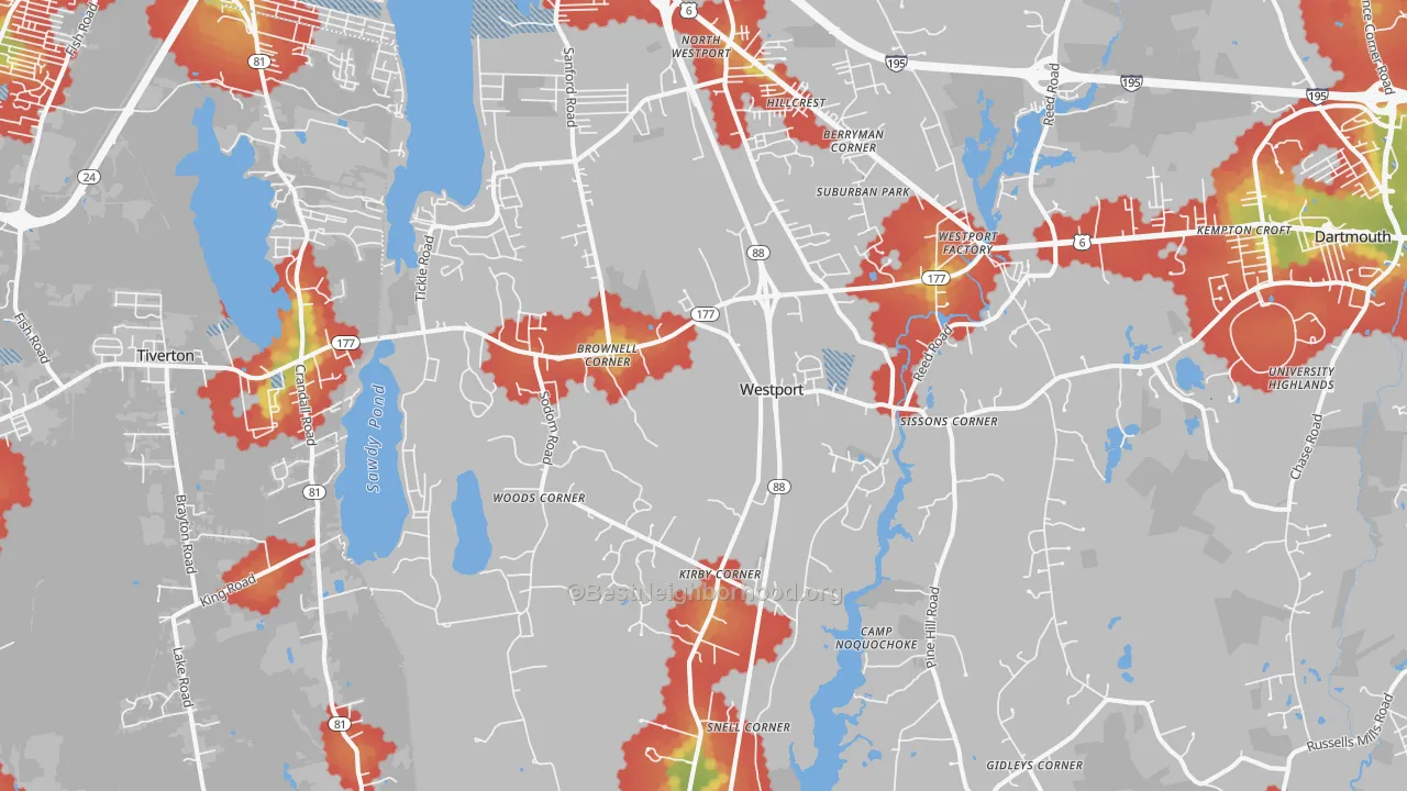 Walk Grade map of 02790, MA, walkable areas in green and car-dependent areas in red