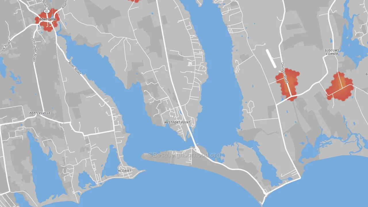 Walk Grade map of 02791, MA, walkable areas in green and car-dependent areas in red