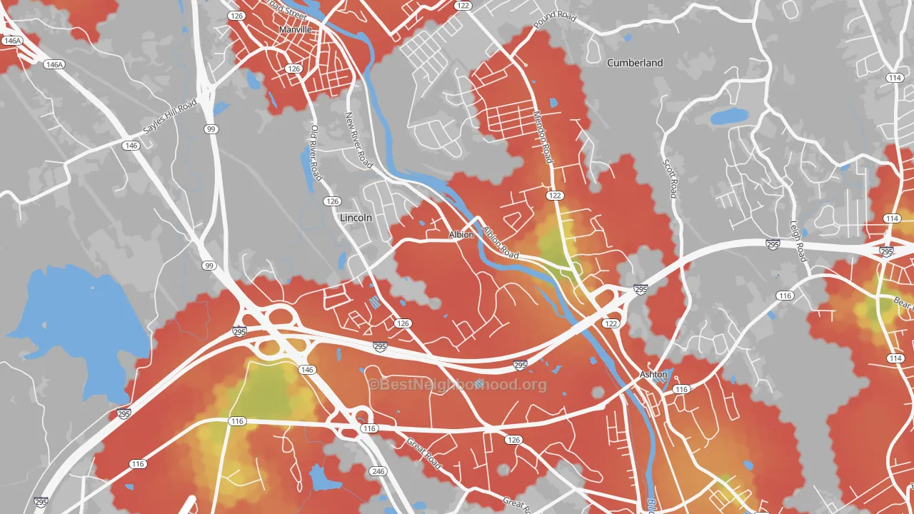 Walk Grade map of 02802, RI, walkable areas in green and car-dependent areas in red