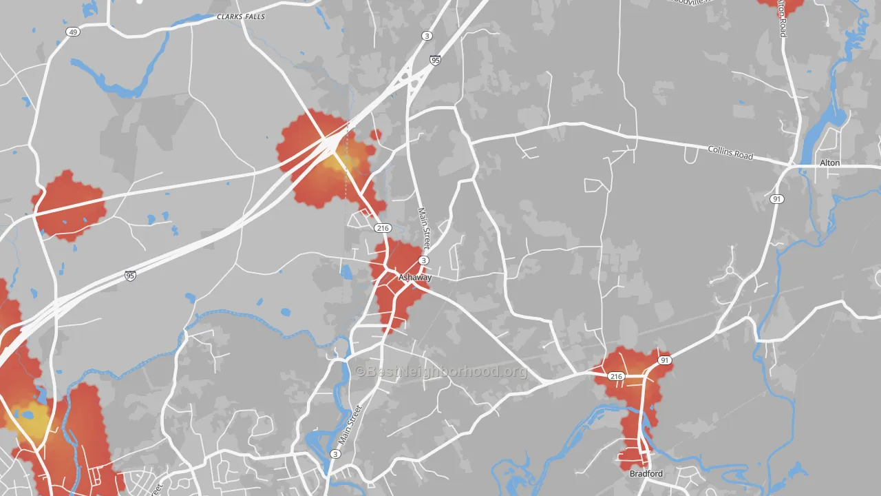 Walk Grade map of 02804, RI, walkable areas in green and car-dependent areas in red