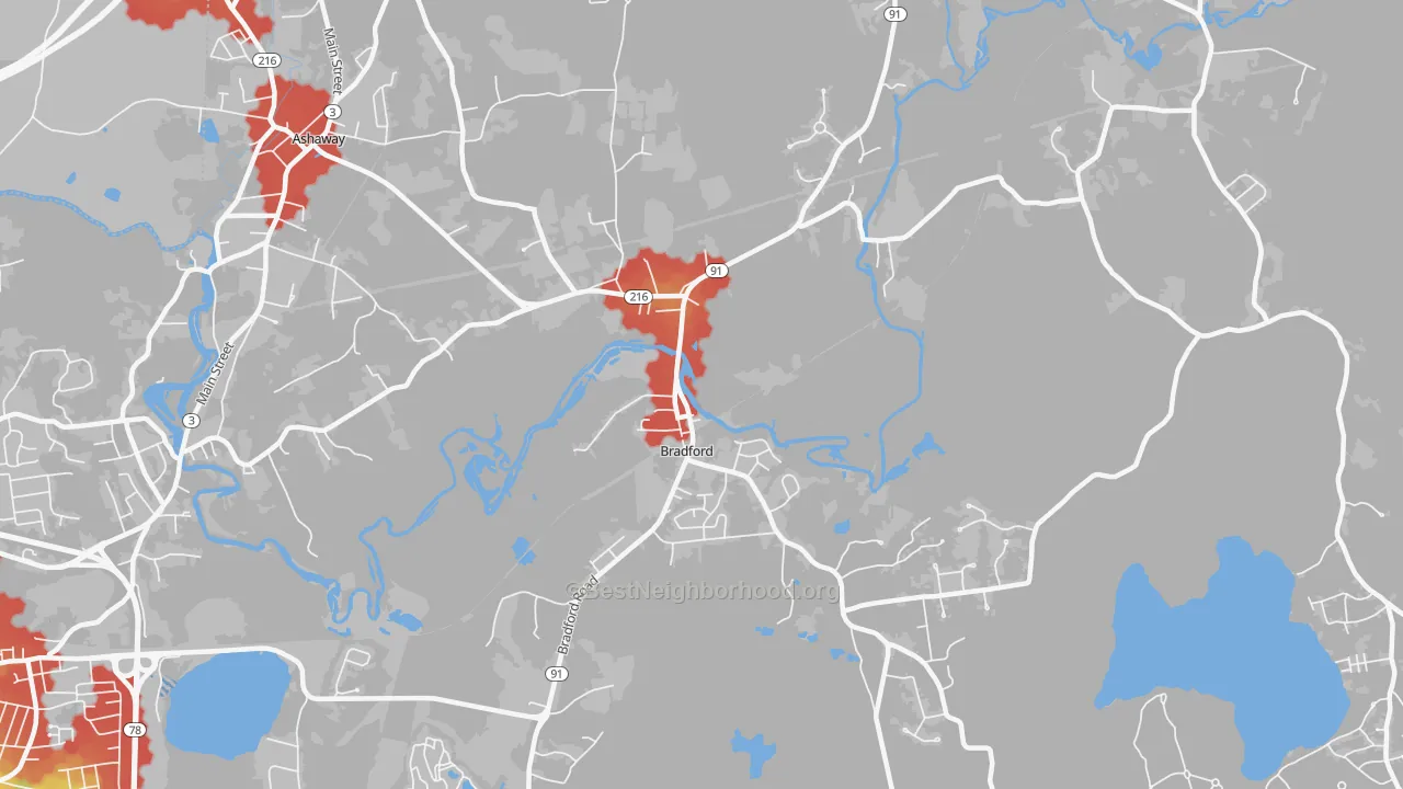 Walk Grade map of 02808, RI, walkable areas in green and car-dependent areas in red