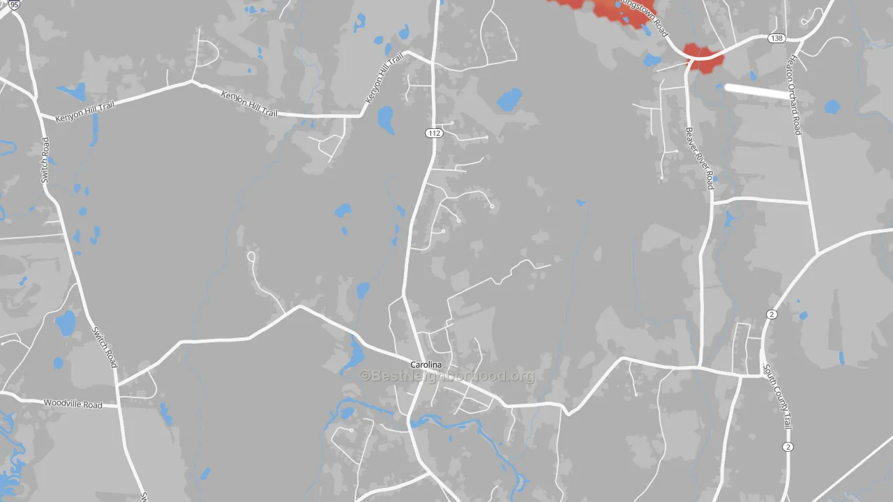 Walk Grade map of 02812, RI, walkable areas in green and car-dependent areas in red