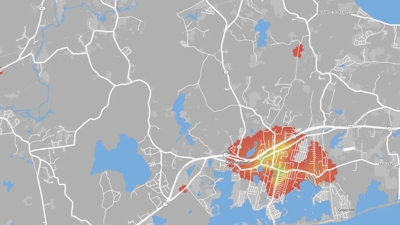 Walk Grade map of 02813, RI, walkable areas in green and car-dependent areas in red