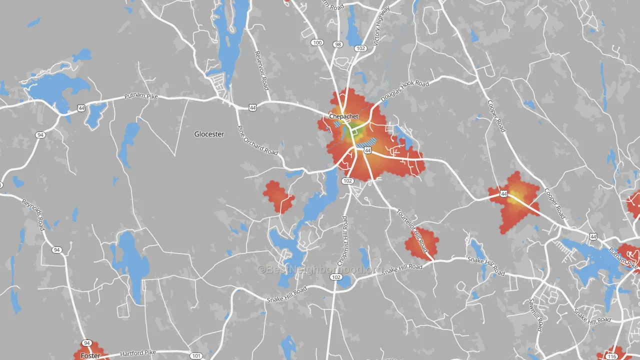 Walk Grade map of 02814, RI, walkable areas in green and car-dependent areas in red