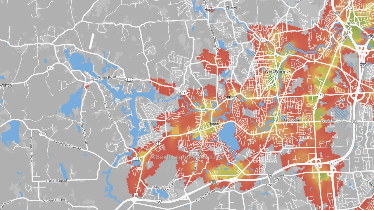 Walk Grade map of 02816, RI, walkable areas in green and car-dependent areas in red