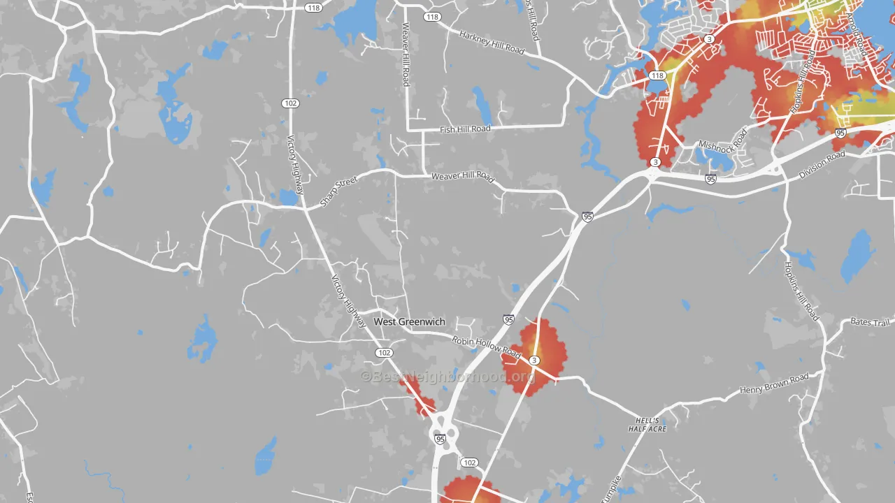 Walk Grade map of 02817, RI, walkable areas in green and car-dependent areas in red