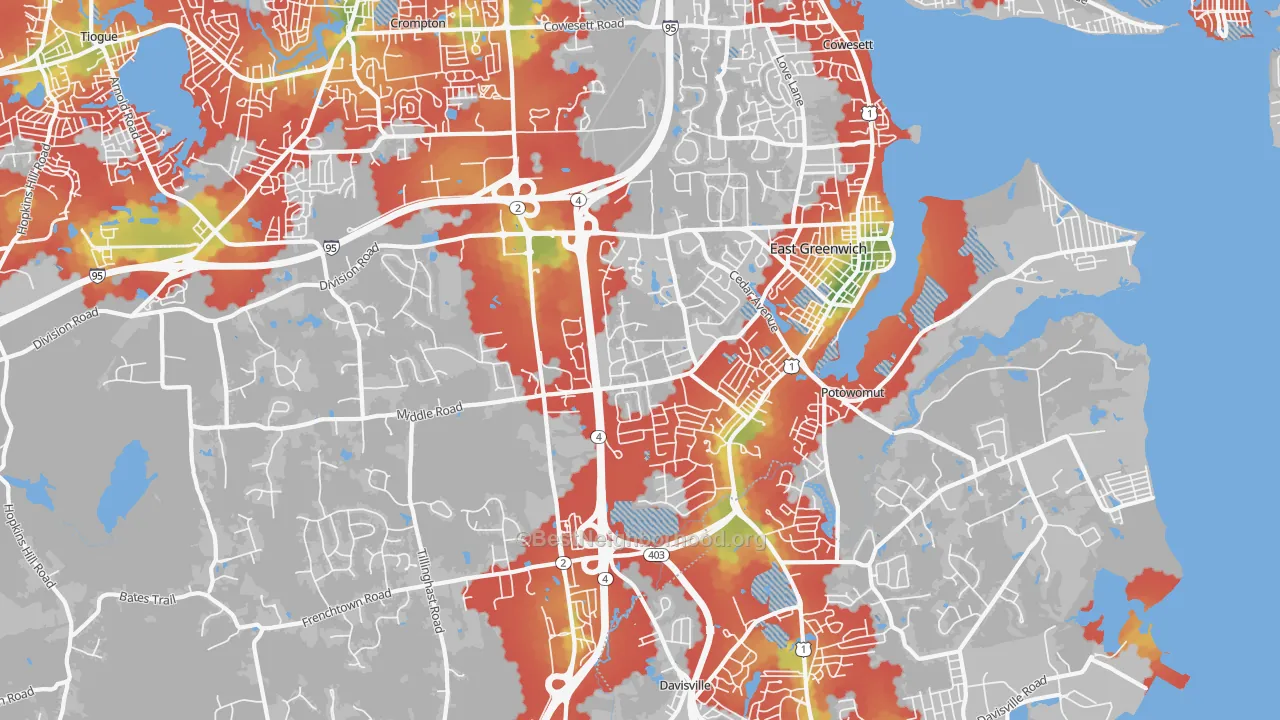 Walk Grade map of 02818, RI, walkable areas in green and car-dependent areas in red