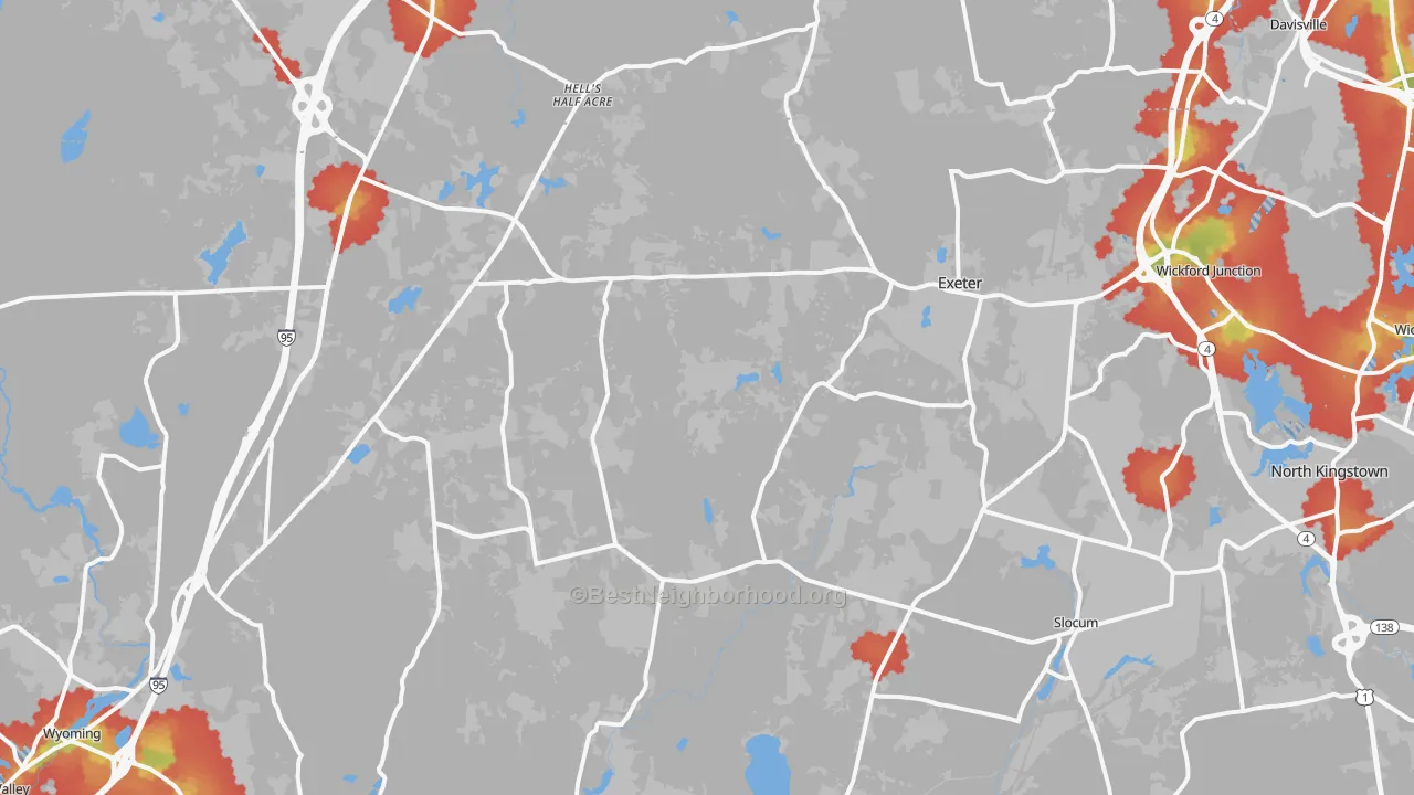 Walk Grade map of 02822, RI, walkable areas in green and car-dependent areas in red