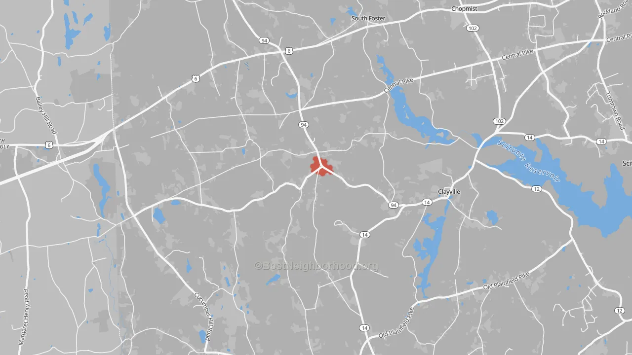 Walk Grade map of 02825, RI, walkable areas in green and car-dependent areas in red