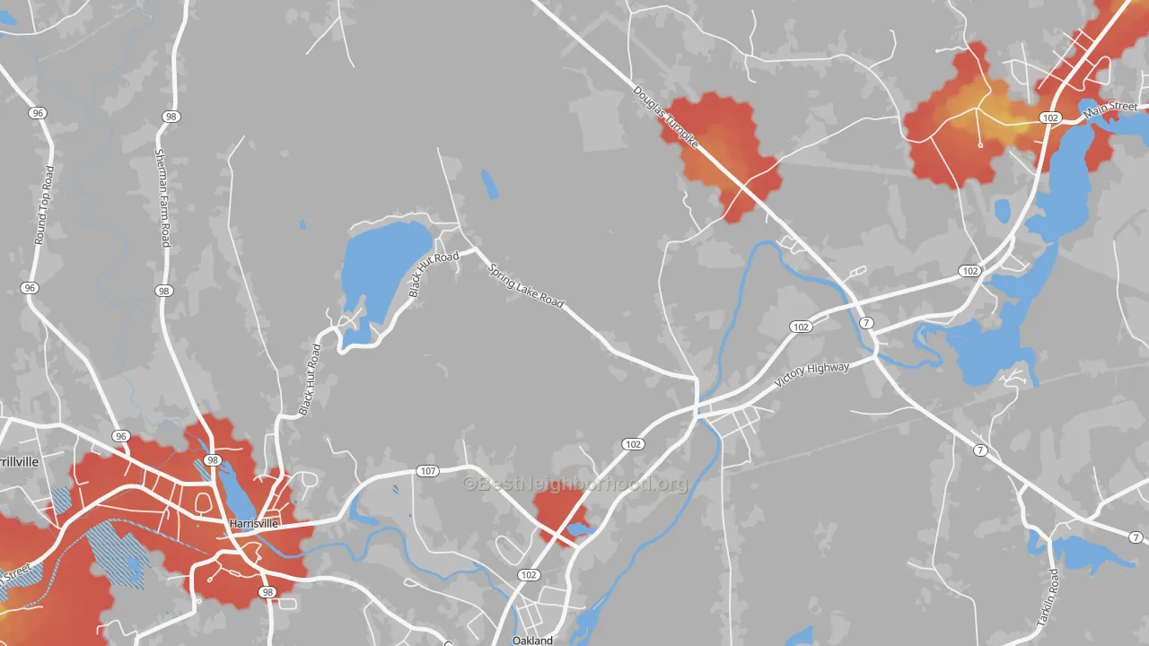 Walk Grade map of 02826, RI, walkable areas in green and car-dependent areas in red