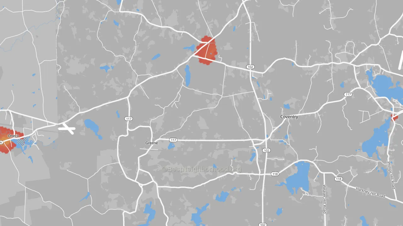 Walk Grade map of 02827, RI, walkable areas in green and car-dependent areas in red