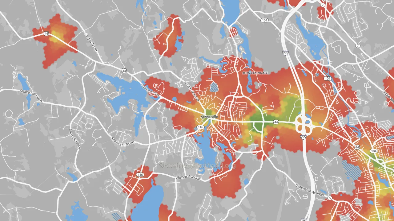 Walk Grade map of 02828, RI, walkable areas in green and car-dependent areas in red