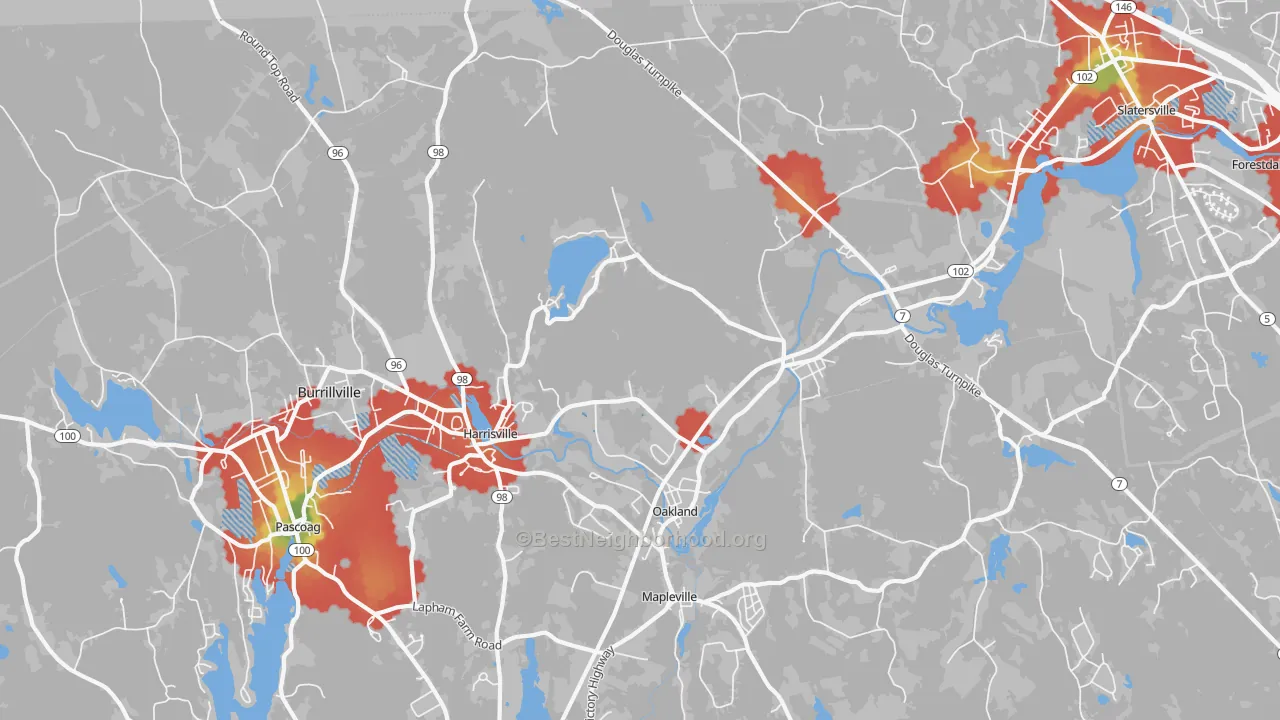 Walk Grade map of 02830, RI, walkable areas in green and car-dependent areas in red