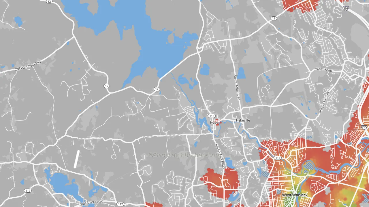 Walk Grade map of 02831, RI, walkable areas in green and car-dependent areas in red