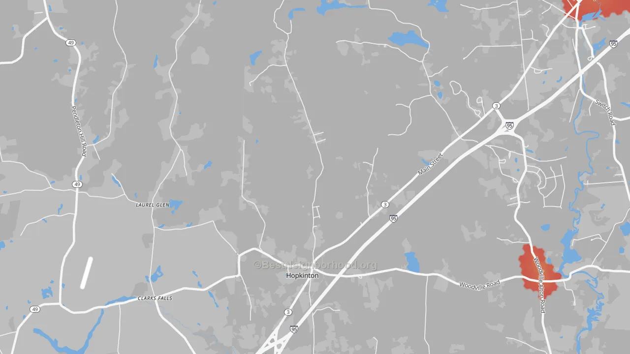 Walk Grade map of 02833, RI, walkable areas in green and car-dependent areas in red