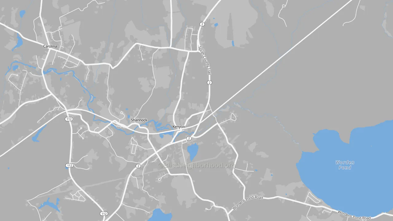 Walk Grade map of 02836, RI, walkable areas in green and car-dependent areas in red