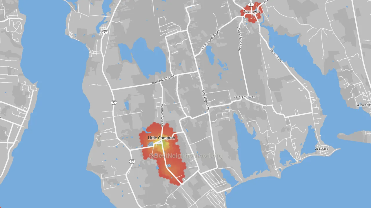 Walk Grade map of 02837, RI, walkable areas in green and car-dependent areas in red
